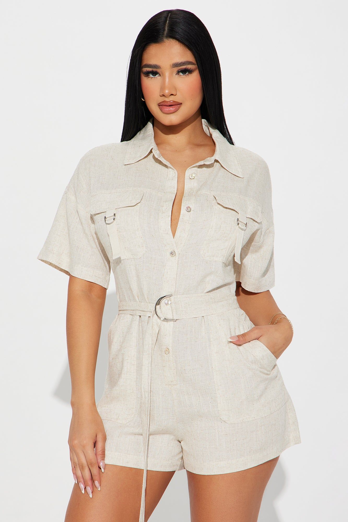 Not Letting Go Linen Romper - Oatmeal sold by Fashion Nova product image thumbnail 2