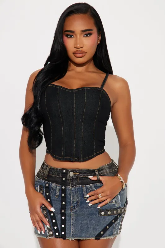 Take It Slow Denim Corset Top - Black Wash sold by Fashion Nova