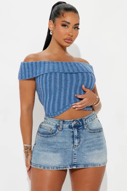 Over Night Off Shoulder Sweater Top - Blue sold by Fashion Nova