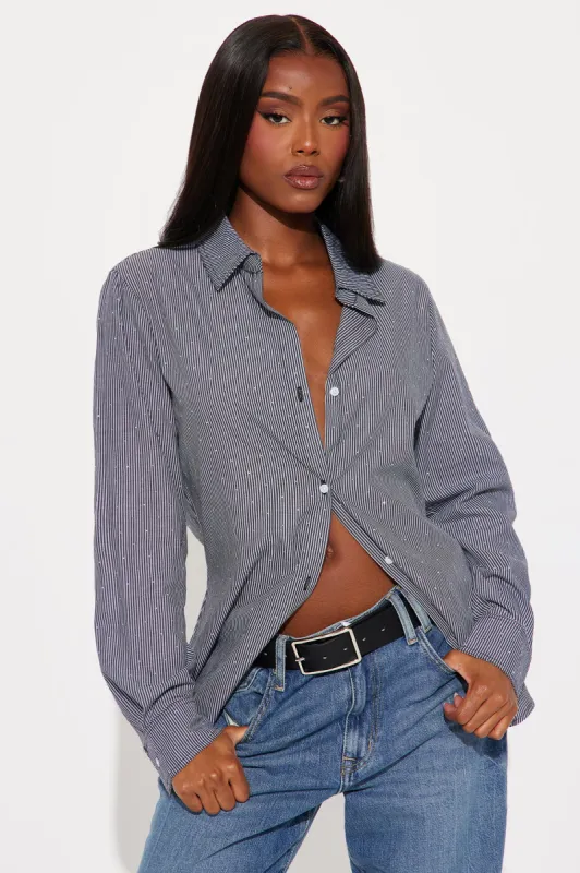 After Work Plans Pinstriped Shirt - Black/combo sold by Fashion Nova