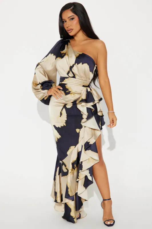 Florence Satin Maxi Dress - Navy/combo sold by Fashion Nova