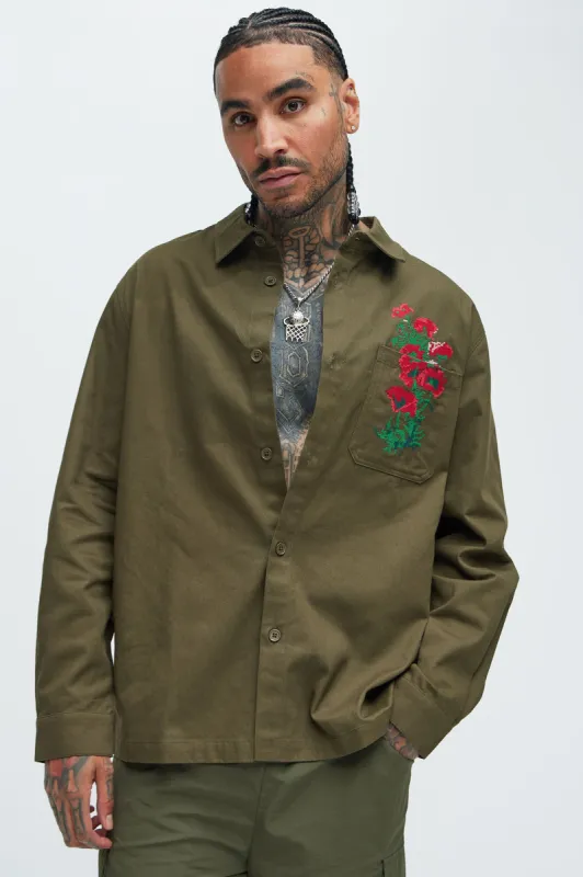 I Got You Embroidery Overshirt - Olive sold by Fashion Nova