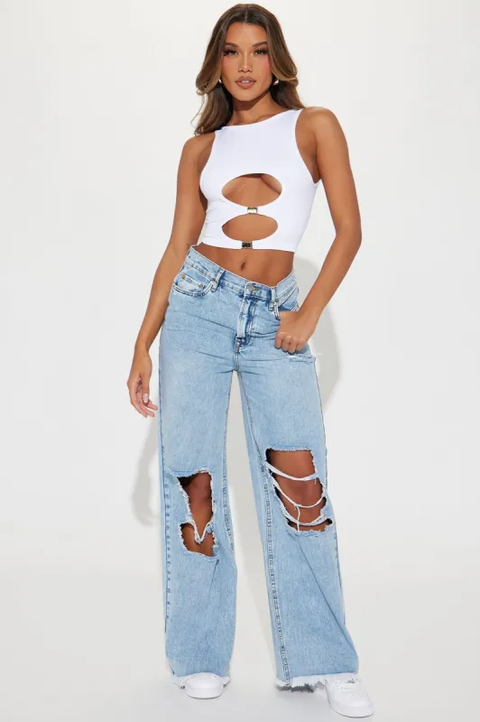 Backing Off Ripped Baggy Jeans - Bleach Blue Wash sold by Fashion Nova