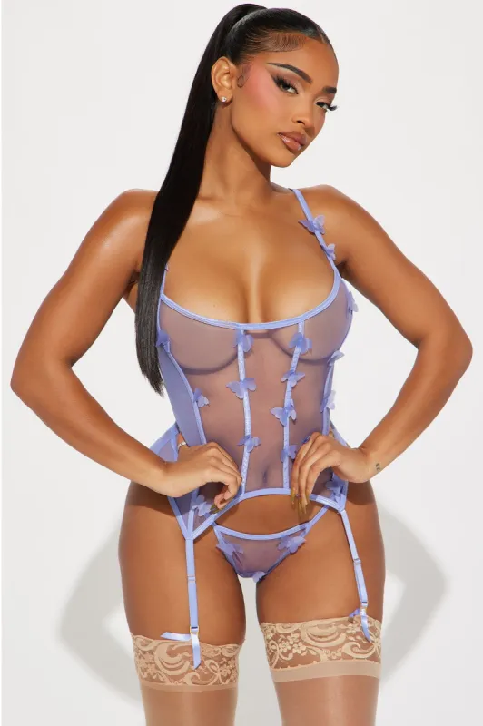 Giving Me Butterflies 2 Piece Corset Garter Set - Periwinkle sold by Fashion Nova