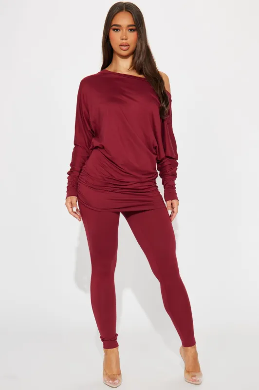Camila Off Shoulder Legging Set - Wine sold by Fashion Nova