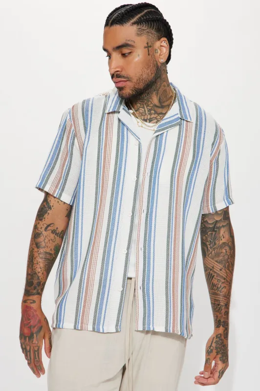 On Vacation Button Up Shirt - Blue/combo sold by Fashion Nova