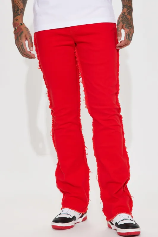 Good Life Frayed Stacked Skinny Flare Pants - Red sold by Fashion Nova