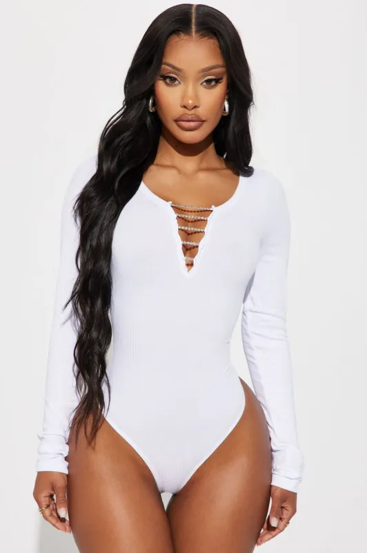 Tiff Rhinestone Bodysuit - White sold by Fashion Nova