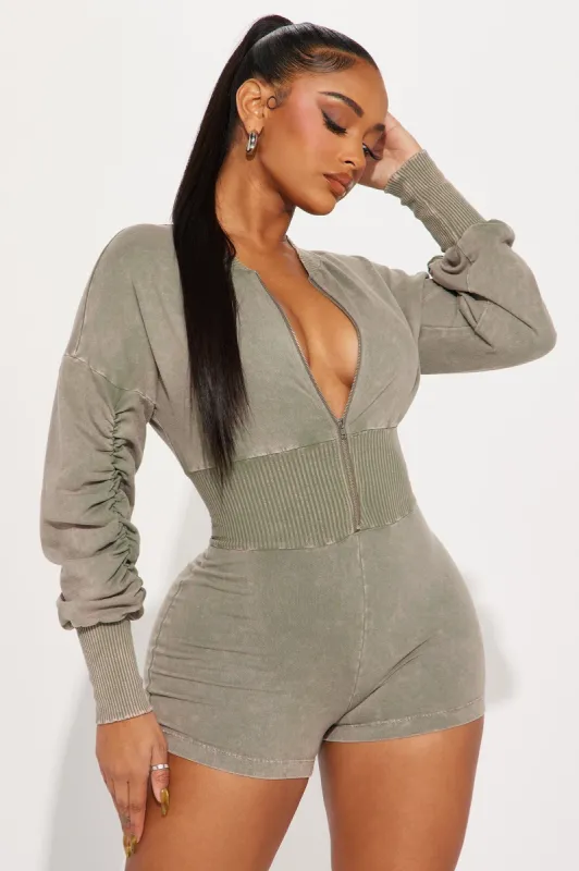 Daphnie Mineral Wash Romper - Olive sold by Fashion Nova