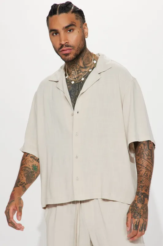 Solid Textured Linen Button Up Shirt - Stone sold by Fashion Nova