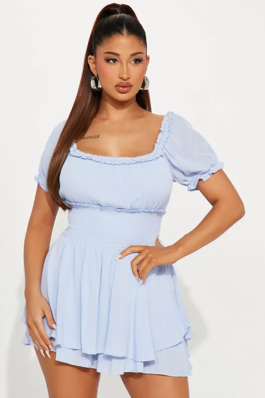 Charming As Ever Romper - Light Blue sold by Fashion Nova