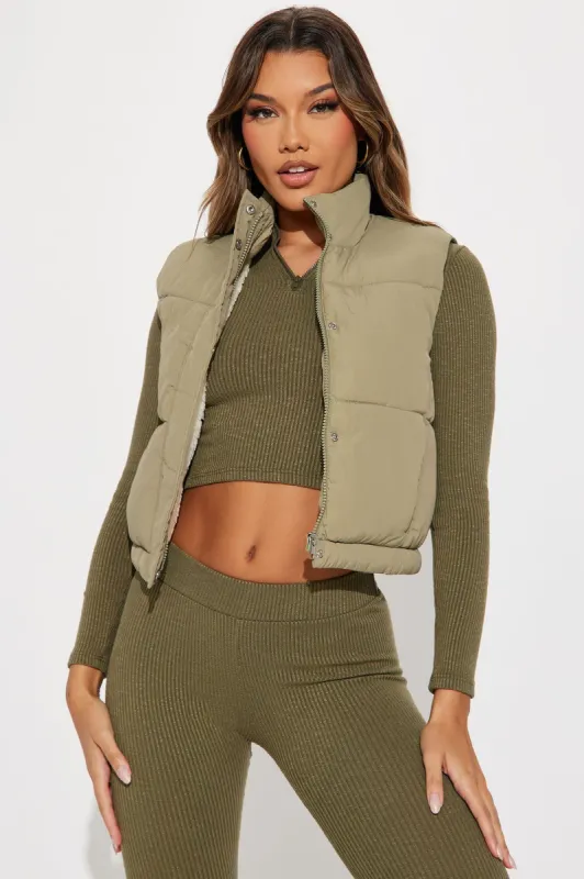 Glamping Sherpa Lined Vest - Sage sold by Fashion Nova