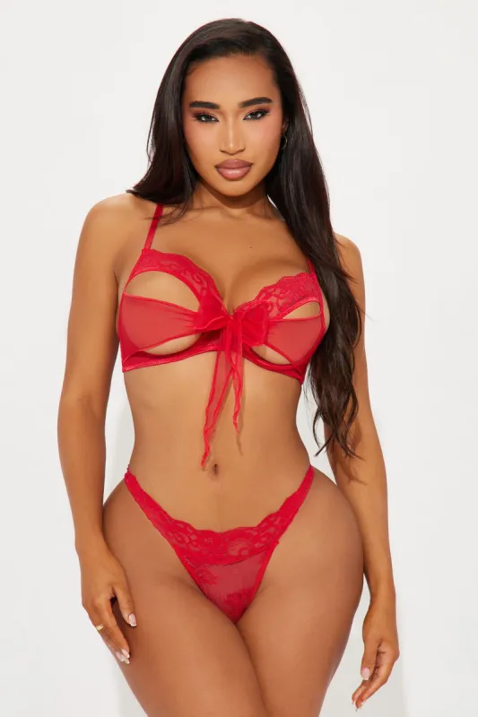 Tied Down Tulle Bow Bra And Panty Set - Red sold by Fashion Nova