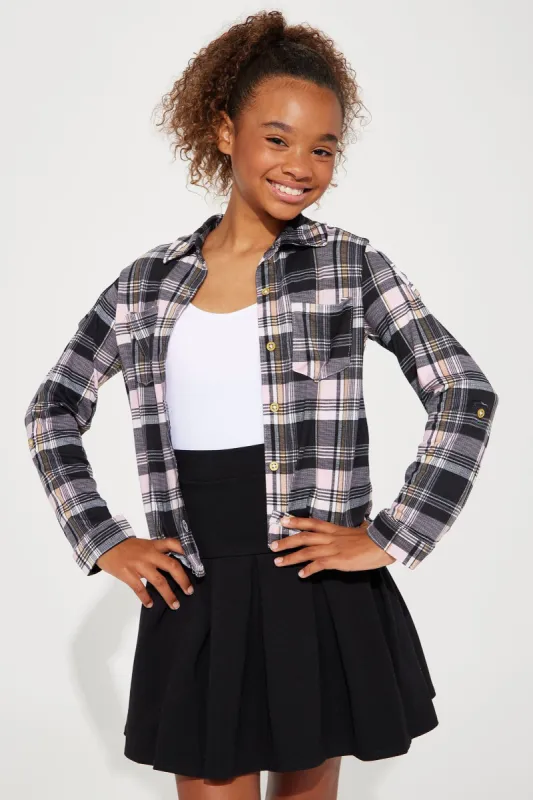 Mini Long Sleeve Knit Plaid Shirt - Black/combo sold by Fashion Nova