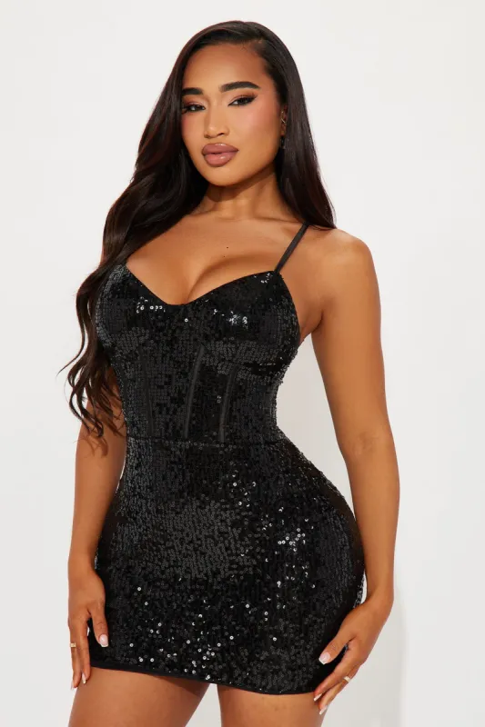 Glass of Champagne Sequin Micro Mini Dress - Black sold by Fashion Nova