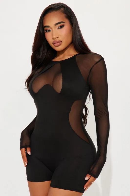 My Turn Mesh Romper - Black sold by Fashion Nova