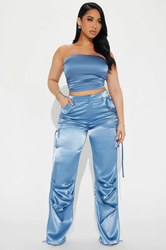 Perfect Night Satin Pant Set - Slate Blue sold by Fashion Nova