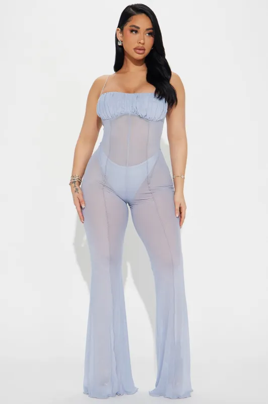 Your Biggest Fan Mesh Jumpsuit  - Light Blue sold by Fashion Nova