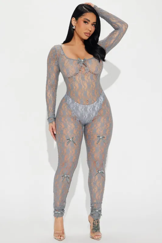 Love In The Sky Lace Jumpsuit - Charcoal sold by Fashion Nova