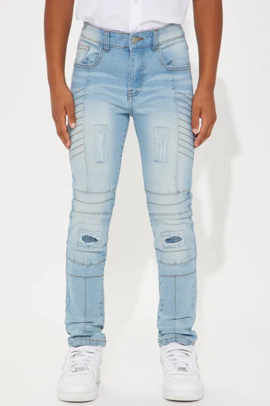 Mini Rip & Repair Skinny Moto Denim Jeans - Light Wash sold by Fashion Nova
