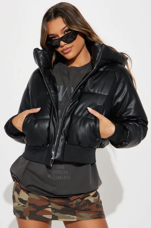 Got Her Own Faux Leather Puffer - Black sold by Fashion Nova