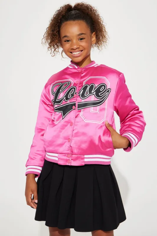 Mini Love Satin Polyfill Jacket - Pink sold by Fashion Nova