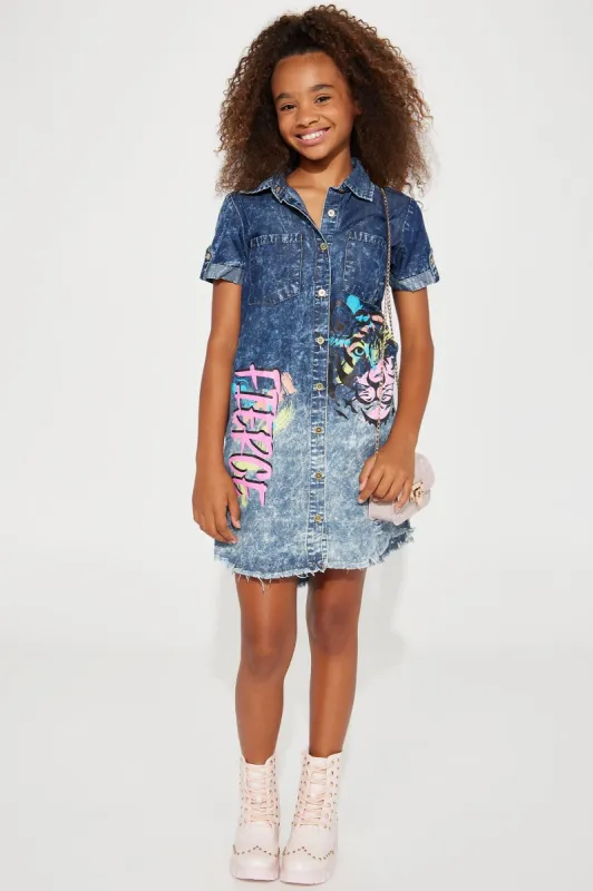 Mini Fierce Tiger Denim Dress - Acid Wash sold by Fashion Nova