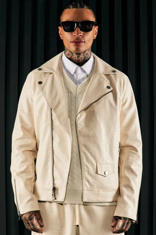 Gotta Run Faux Crocodile Leather Moto Jacket - Cream made by Fashion Nova