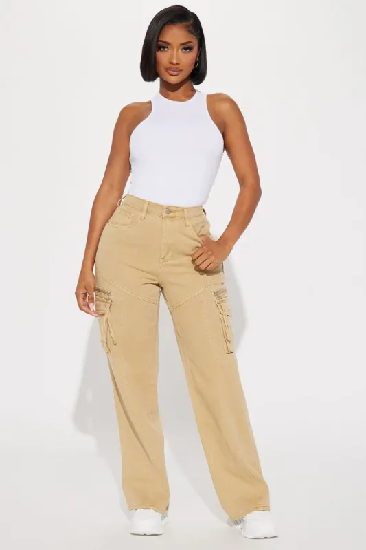 Friend Zone Easy Waist Non Stretch Cargo Jeans - Brown sold by Fashion Nova