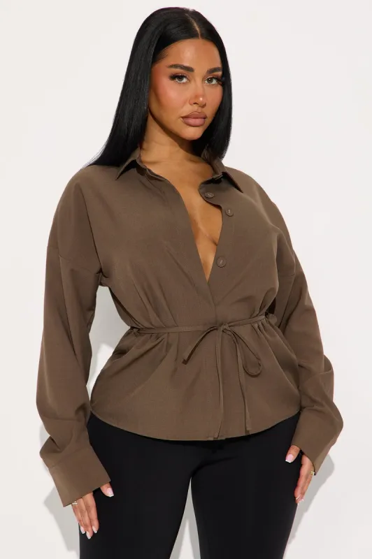 Beyond Limits Tie Waist Shirt - Brown sold by Fashion Nova