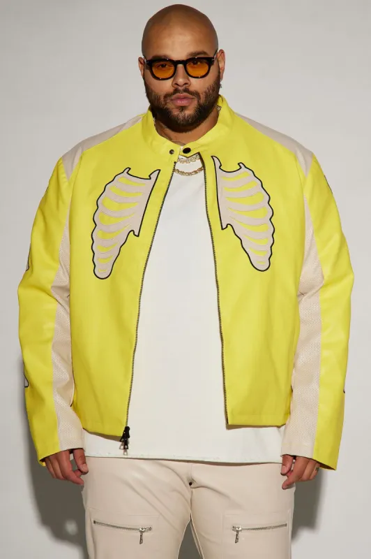 Bones Faux Leather Motocross Jacket - Yellow sold by Fashion Nova