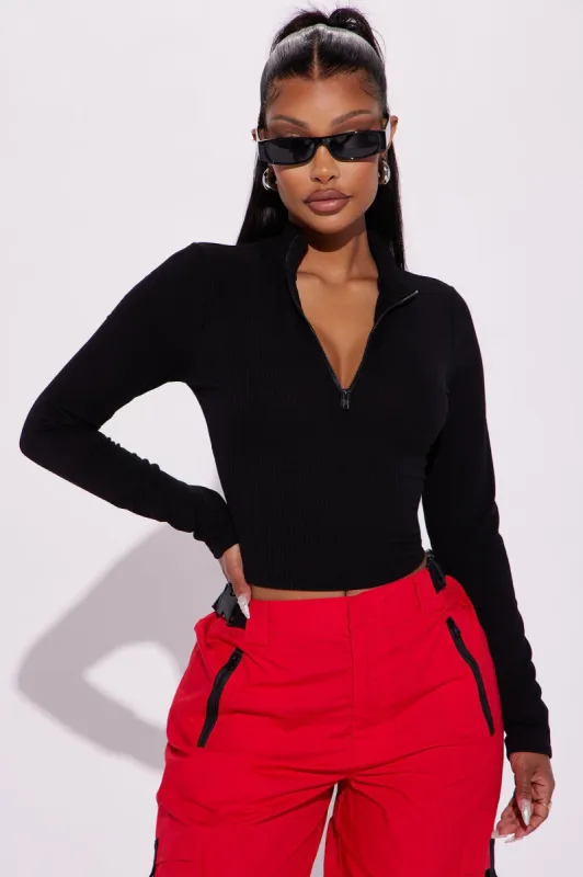 Nadia Half Zip Ribbed Top - Black sold by Fashion Nova