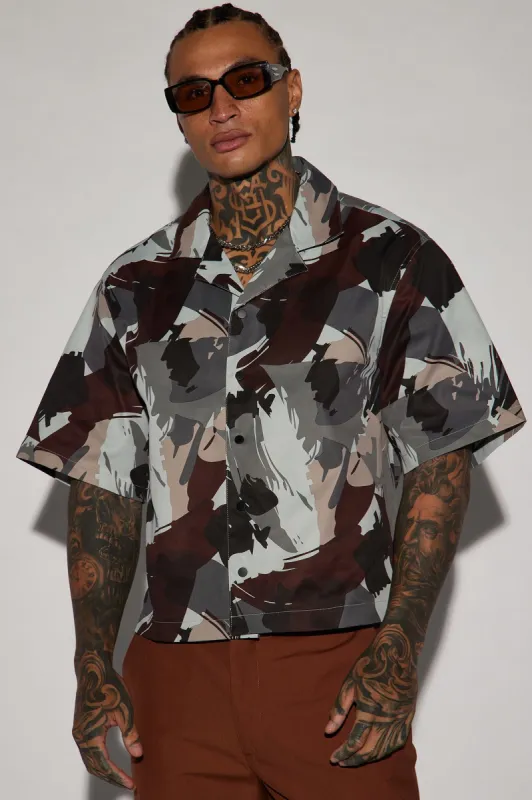 Impressions Cropped Button Up Shirt - Black/combo sold by Fashion Nova