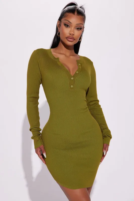 Hutton Henley Ribbed Mini Dress - Olive sold by Fashion Nova