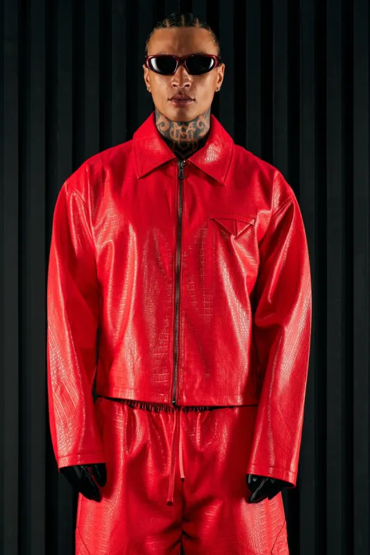 Gotta Run Faux Croc Leather Cropped Jacket - Red sold by Fashion Nova