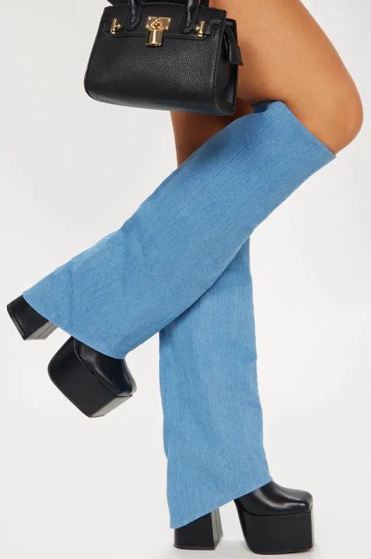 Londyn Denim Overlay Boots - Black/Blue sold by Fashion Nova