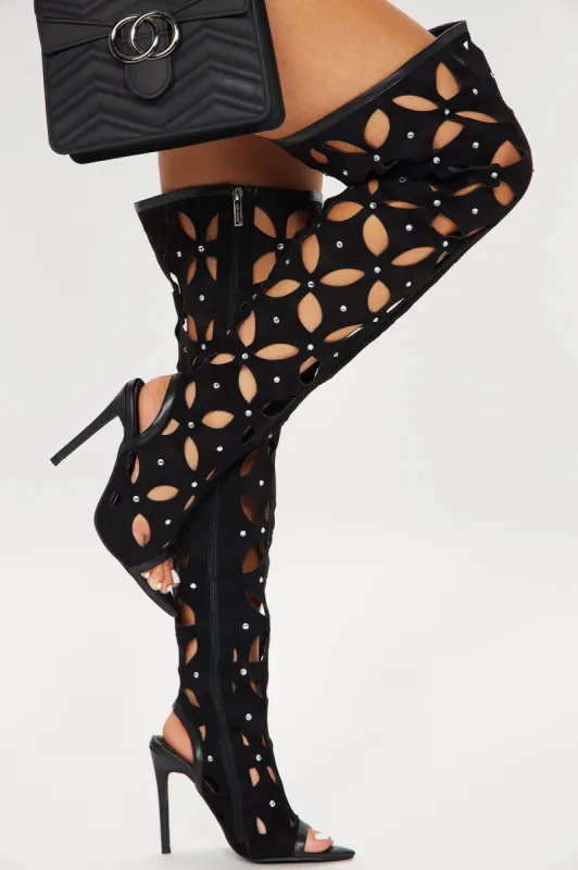Come Closer Over The Knee Heeled Boots - Black sold by Fashion Nova