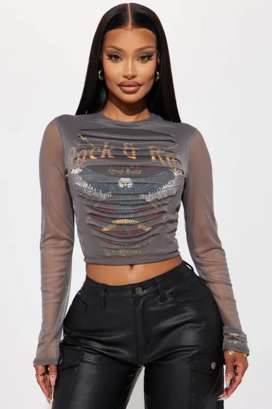Ready To Rock Distressed Top - Charcoal sold by Fashion Nova