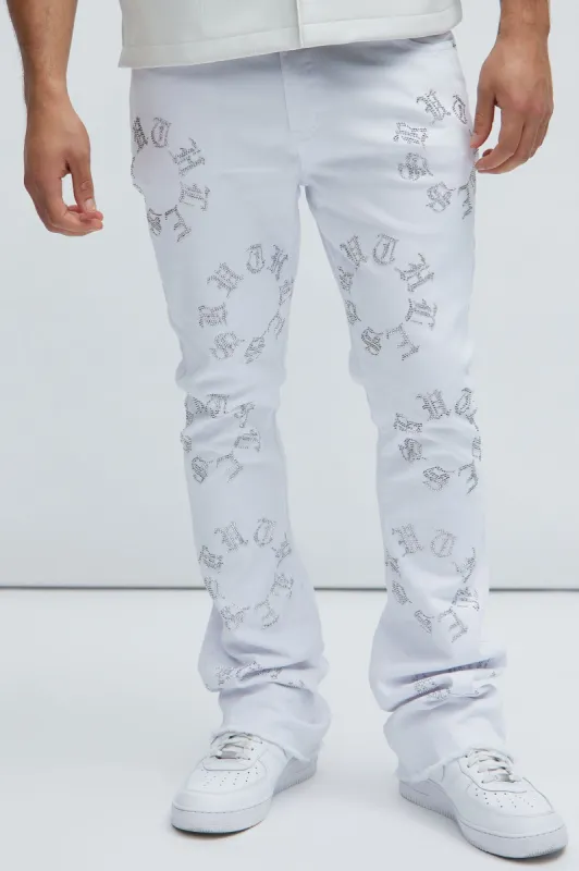 Bling My Line Stacked Skinny Flare Pants - White/Silver sold by Fashion Nova