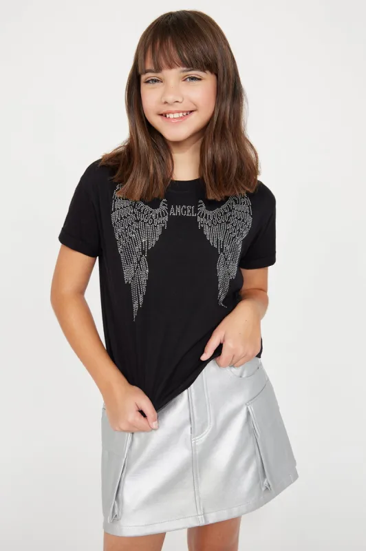 Mini Angel Wings Rhinestone Tee - Black sold by Fashion Nova
