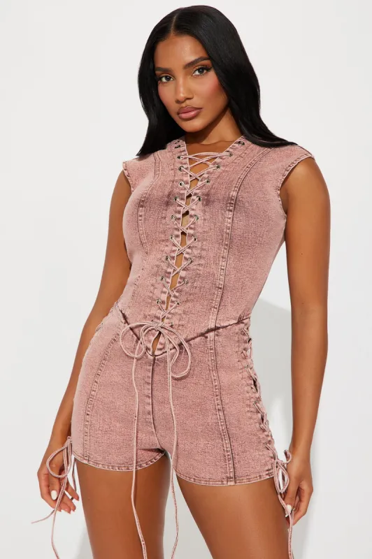 Faye Lace Up Romper - Brown sold by Fashion Nova