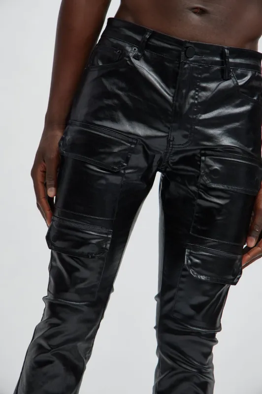 Came To Party Cargo Flare Waxed Pants - Black sold by Fashion Nova