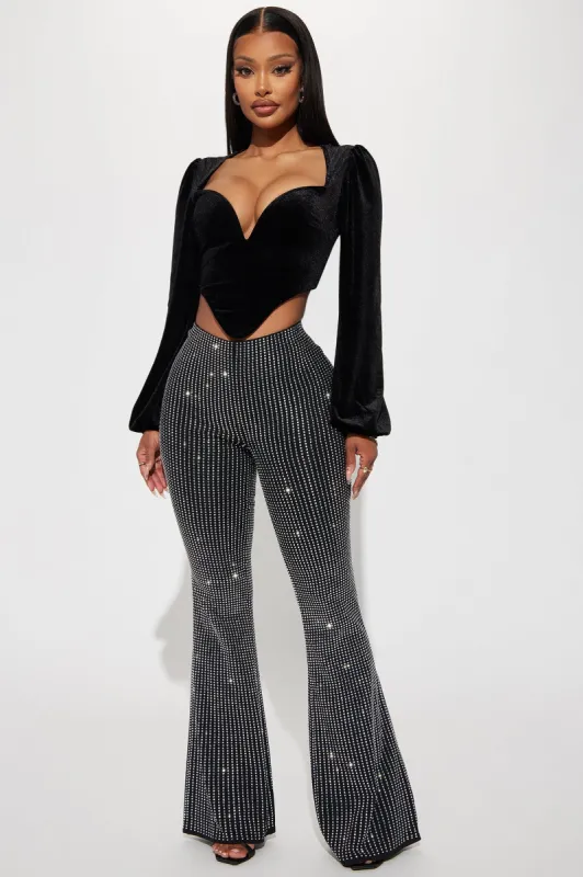 A Moment Rhinestone Flare Pant - Black sold by Fashion Nova