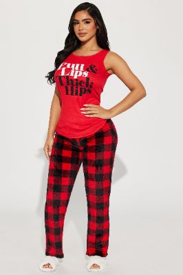 Full Lips Thick Hips Plush PJ Pant Set - Red/combo sold by Fashion Nova