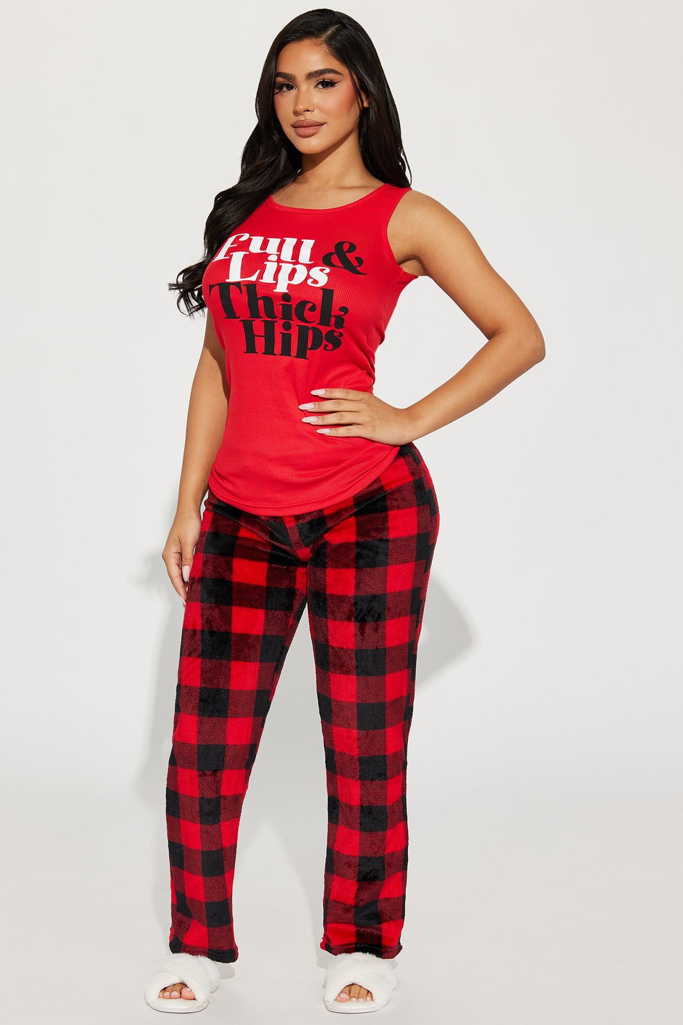 Full Lips Thick Hips Plush PJ Pant Set - Red/combo sold by Fashion Nova