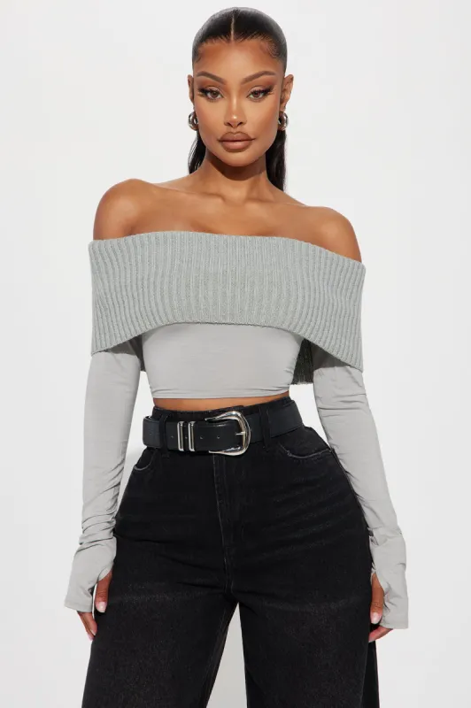 Good Days Cropped Off Shoulder Sweater - Grey sold by Fashion Nova