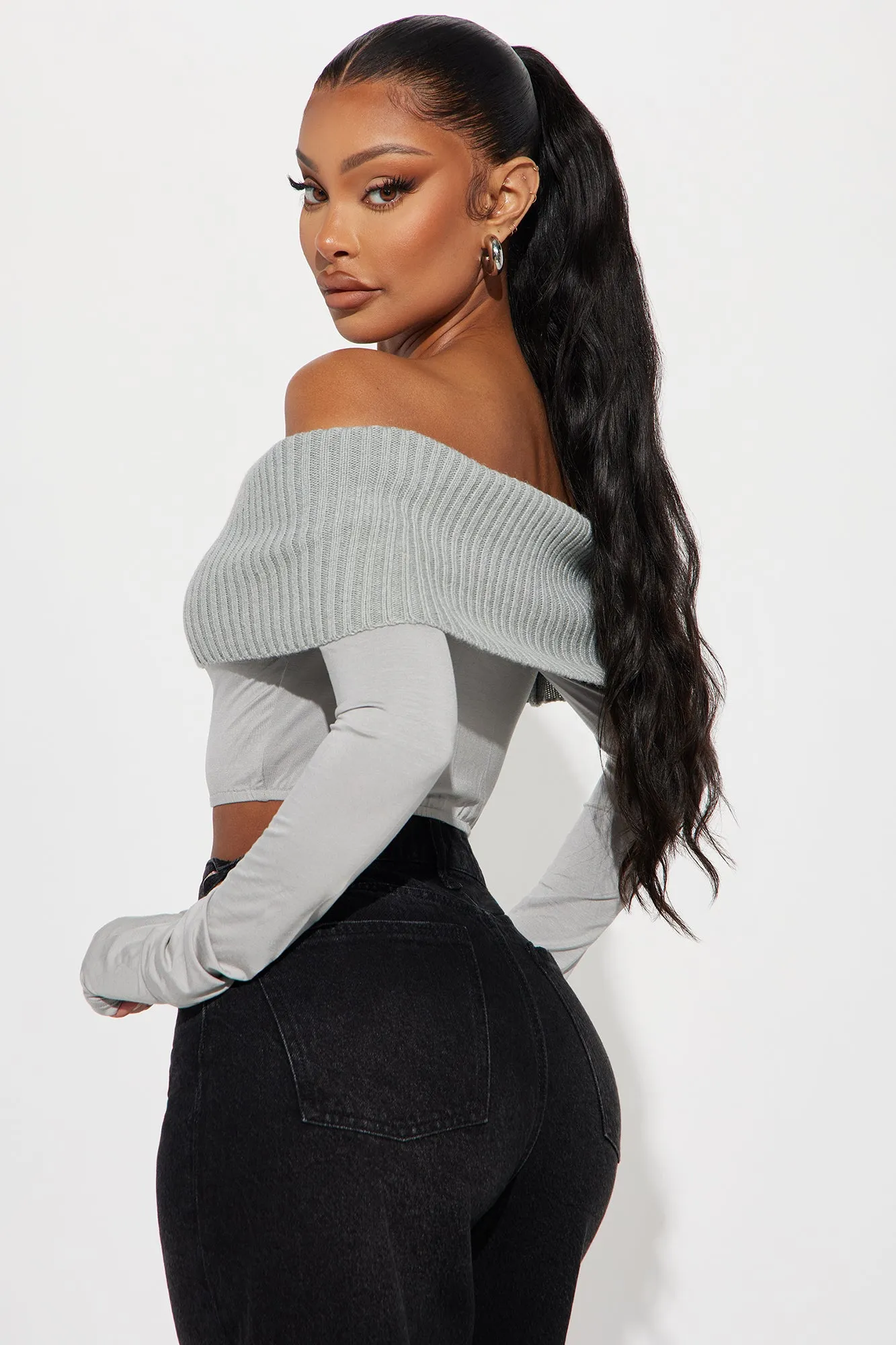 Good Days Cropped Off Shoulder Sweater - Grey sold by Fashion Nova product image thumbnail 3