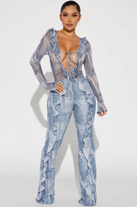 Most Popular Mesh Jumpsuit - Blue/combo sold by Fashion Nova