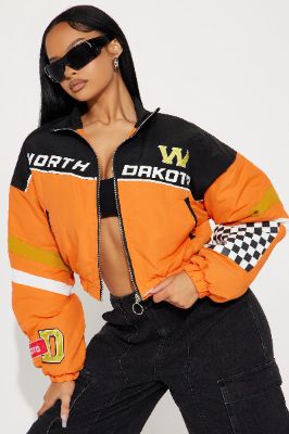 Speed My Way Bomber Jacket - Orange/combo sold by Fashion Nova