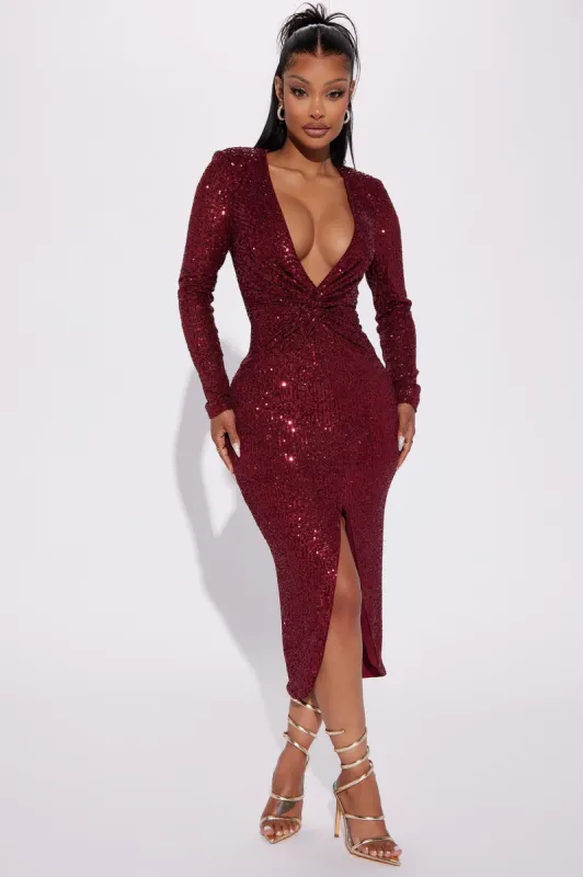 Katelyn Sequin Midi Dress - Wine sold by Fashion Nova